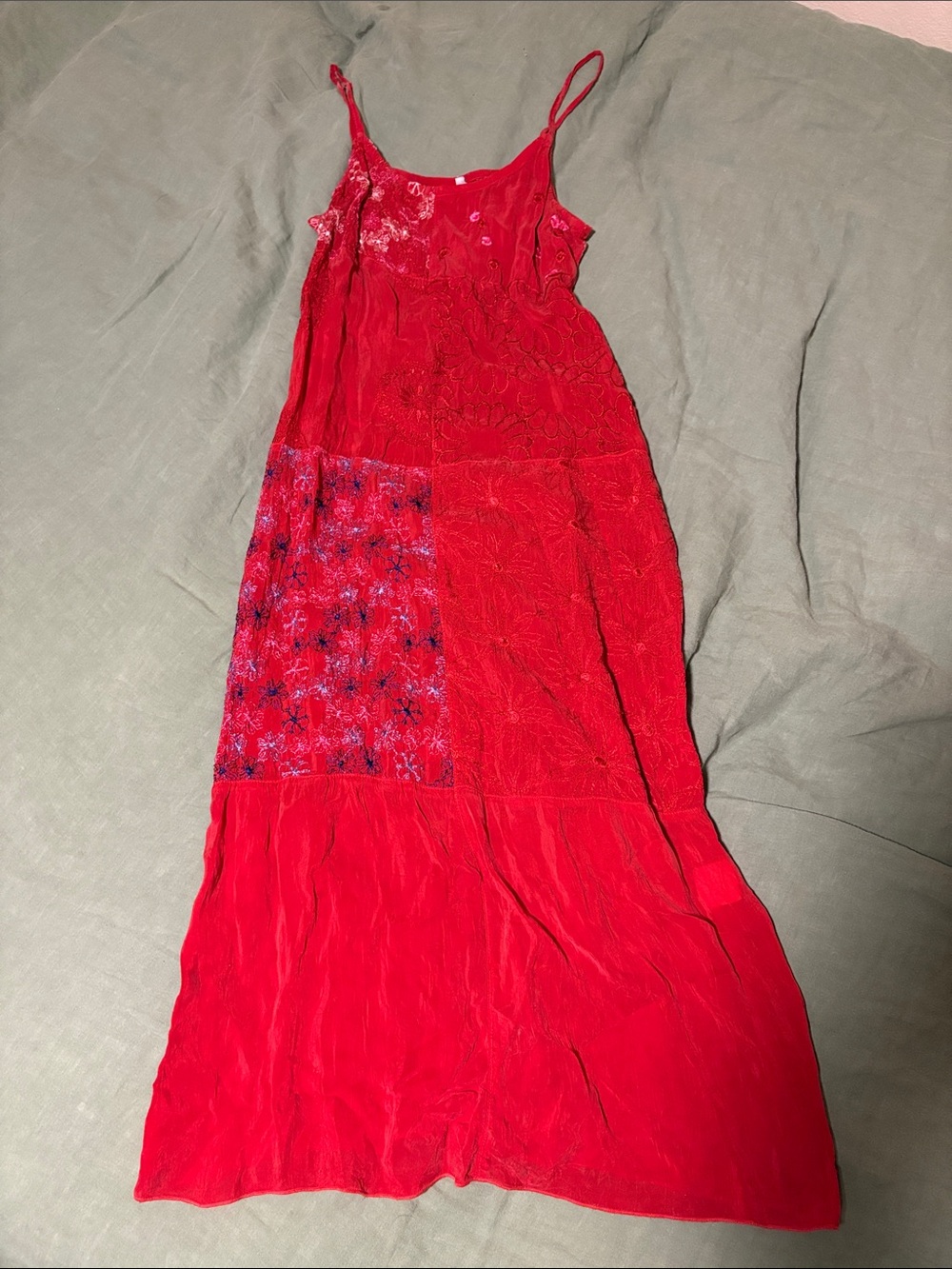 Johnny Was Red Patchwork Spaghetti-Strap Dress